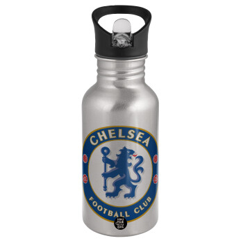 FC Chelsea, Water bottle Silver with straw, stainless steel 500ml