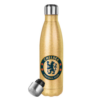 FC Chelsea, Μεταλλικό παγούρι θερμός Glitter χρυσό (Stainless steel), διπλού τοιχώματος, 500ml