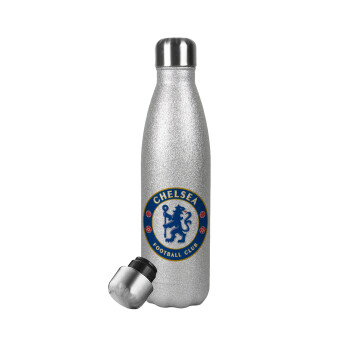 FC Chelsea, Μεταλλικό παγούρι θερμός Glitter Aσημένιο (Stainless steel), διπλού τοιχώματος, 500ml