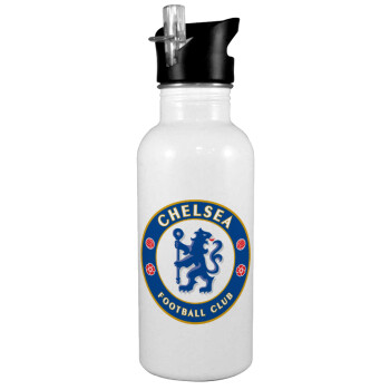 FC Chelsea, White water bottle with straw, stainless steel 600ml