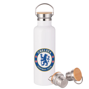 FC Chelsea, Stainless steel White with wooden lid (bamboo), double wall, 750ml