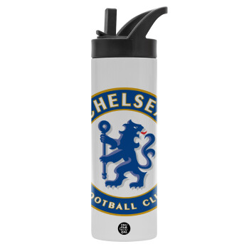 FC Chelsea, Μεταλλικό παγούρι θερμός με καλαμάκι & χειρολαβή, ανοξείδωτο ατσάλι (Stainless steel 304), διπλού τοιχώματος, 600ml