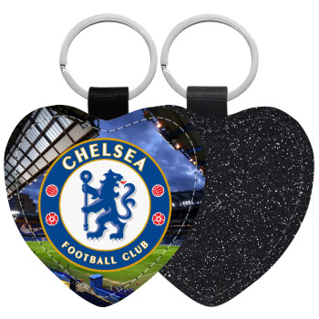 FC Chelsea, Μπρελόκ PU δερμάτινο glitter καρδιά ΜΑΥΡΟ