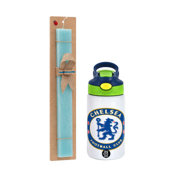 FC Chelsea, Easter Set, Children's thermal stainless steel bottle with safety straw, green/blue (350ml) & aromatic flat Easter candle (30cm) (TURQUOISE)