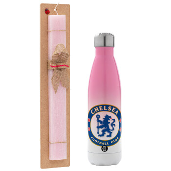 FC Chelsea, Πασχαλινό Σετ, Μεταλλικό παγούρι θερμός Ροζ/Λευκό (Stainless steel), διπλού τοιχώματος, 500ml & πασχαλινή λαμπάδα αρωματική πλακέ (30cm) (ΡΟΖ)