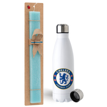 FC Chelsea, Easter Set, metallic stainless steel water bottle (750ml) & aromatic flat Easter candle (30cm) (TURQUOISE)