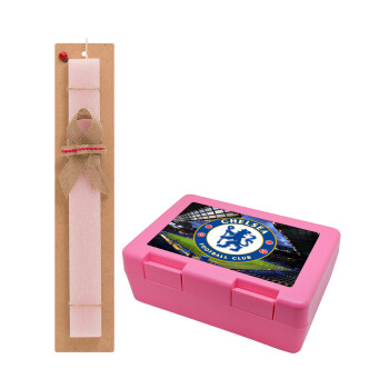FC Chelsea, Πασχαλινό Σετ, παιδικό δοχείο κολατσιού ΡΟΖ & πασχαλινή λαμπάδα αρωματική πλακέ (30cm) (ΡΟΖ)