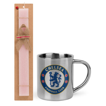 FC Chelsea, Πασχαλινό Σετ, μεταλλική κούπα θερμό (300ml) & πασχαλινή λαμπάδα αρωματική πλακέ (30cm) (ΡΟΖ)