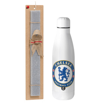 FC Chelsea, Easter Set, metallic stainless thermos bottle (500ml) & scented flat Easter candle (30cm) (GRAY)