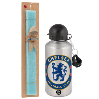 FC Chelsea, Πασχαλινό Σετ, παγούρι μεταλλικό Ασημένιο αλουμινίου (500ml) & πασχαλινή λαμπάδα αρωματική πλακέ (30cm) (ΤΙΡΚΟΥΑΖ)