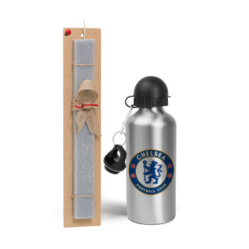 FC Chelsea, Πασχαλινό Σετ, παγούρι μεταλλικό Ασημένιο αλουμινίου (500ml) & πασχαλινή λαμπάδα αρωματική πλακέ (30cm) (ΓΚΡΙ)