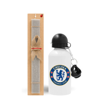 FC Chelsea, Πασχαλινό Σετ, παγούρι μεταλλικό  αλουμινίου (500ml) & πασχαλινή λαμπάδα αρωματική πλακέ (30cm) (ΓΚΡΙ)