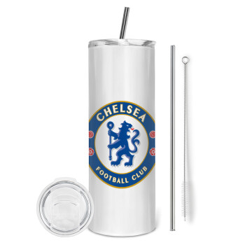 FC Chelsea, Eco friendly ποτήρι θερμό (tumbler) από ανοξείδωτο ατσάλι 600ml, με μεταλλικό καλαμάκι & βούρτσα καθαρισμού