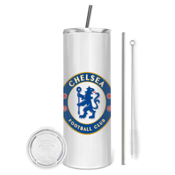 FC Chelsea, Tumbler ποτήρι θερμό από ανοξείδωτο ατσάλι 600ml, με μεταλλικό καλαμάκι & βούρτσα καθαρισμού