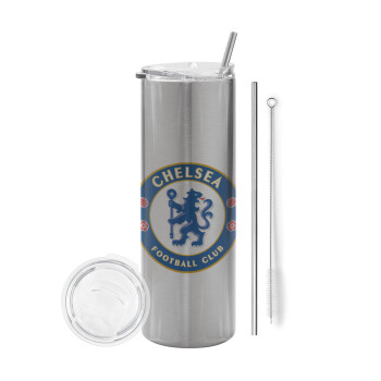 FC Chelsea, Eco friendly ποτήρι θερμό Ασημένιο (tumbler) από ανοξείδωτο ατσάλι 600ml, με μεταλλικό καλαμάκι & βούρτσα καθαρισμού