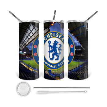 FC Chelsea, 360 Eco friendly ποτήρι θερμό (tumbler) από ανοξείδωτο ατσάλι 600ml, με μεταλλικό καλαμάκι & βούρτσα καθαρισμού