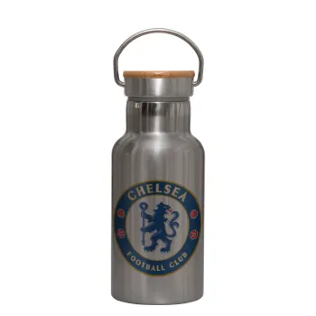 FC Chelsea, Μεταλλικό παγούρι θερμός (Stainless steel) Ασημένιο με ξύλινο καπακι (bamboo), διπλού τοιχώματος, 350ml