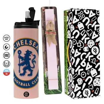 FC Chelsea, Πασχαλινή Λαμπάδα με  ΡΟΖ Travel Tumbler θερμό (600ml, BPA free) & κερί αρωματικό πλακέ (30cm) (ΡΟΖ)