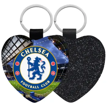 FC Chelsea, Μπρελόκ PU δερμάτινο glitter καρδιά ΜΑΥΡΟ