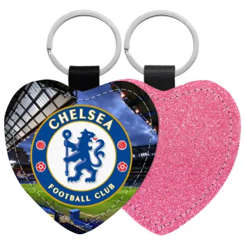 FC Chelsea, Μπρελόκ PU δερμάτινο glitter καρδιά ΡΟΖ