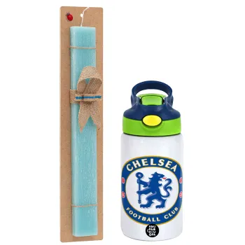 FC Chelsea, Easter Set, Children's thermal stainless steel bottle with safety straw, green/blue (350ml) & aromatic flat Easter candle (30cm) (TURQUOISE)
