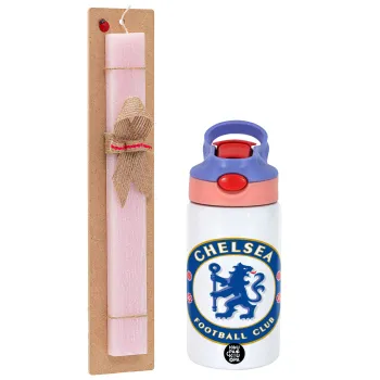 FC Chelsea, Easter Set, Children's thermal stainless steel water bottle with safety straw, pink/purple (350ml) & Easter scented flat candle (30cm) (PINK)