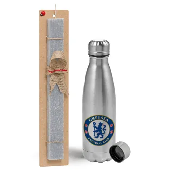 FC Chelsea, Easter Set, metallic Inox water bottle (750ml) & aromatic flat Easter candle (30cm) (GRAY)
