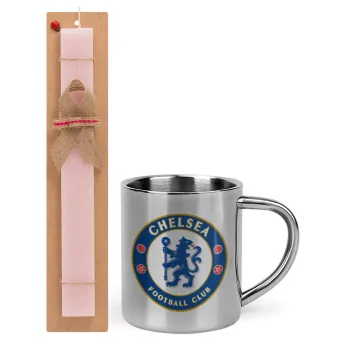 FC Chelsea, Easter Set, metallic thermal cup (300ml) & aromatic flat Easter candle (30cm) (PINK)