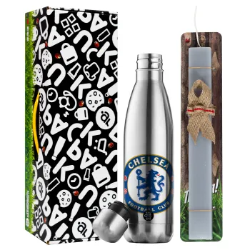 FC Chelsea, Easter Set, metallic stainless thermos flask (500ml) & scented flat Easter candle (30cm) (GRAY)