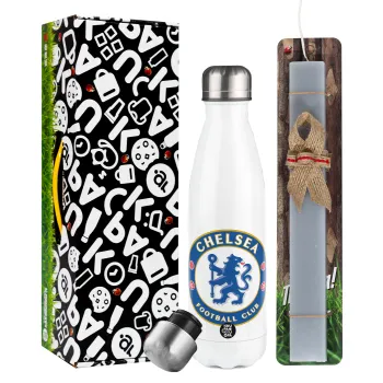 FC Chelsea, Easter candle, metallic white thermos bottle (500ml) & aromatic flat candle (30cm) (GRAY)