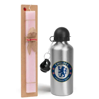 FC Chelsea, Easter Set, metallic Silver aluminum water bottle (500ml) & scented flat Easter candle (30cm) (PINK)
