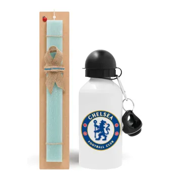 FC Chelsea, Easter Set, metallic aluminum water bottle (500ml) & scented flat candle (30cm) (TURQUOISE)