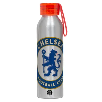 FC Chelsea, Αλουμινένιο Αθλητικό Μπουκάλι 650ml – Ασημί με Κόκκινο Καπάκι και Λουράκι Σιλικόνης