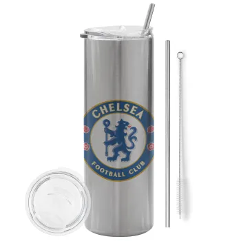 FC Chelsea, Tumbler ποτήρι θερμό Ασημένιο από ανοξείδωτο ατσάλι 600ml, με μεταλλικό καλαμάκι & βούρτσα καθαρισμού