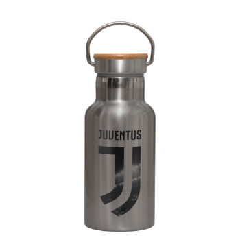 FC Juventus, Μεταλλικό παγούρι θερμός (Stainless steel) Ασημένιο με ξύλινο καπακι (bamboo), διπλού τοιχώματος, 350ml