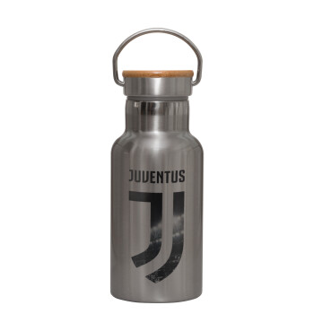 FC Juventus, Stainless steel metallic thermos flask, silver with a bamboo lid, double-walled, 350ml.