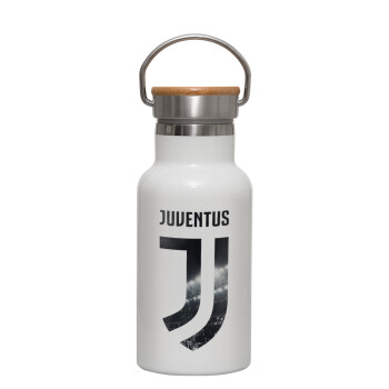 FC Juventus, Μεταλλικό παγούρι θερμός (Stainless steel) Λευκό με ξύλινο καπακι (bamboo), διπλού τοιχώματος, 350ml