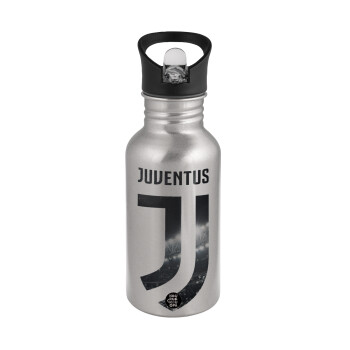FC Juventus, Παγούρι νερού Ασημένιο με καλαμάκι, ανοξείδωτο ατσάλι 500ml