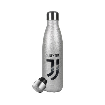 FC Juventus, Μεταλλικό παγούρι θερμός Glitter Aσημένιο (Stainless steel), διπλού τοιχώματος, 500ml