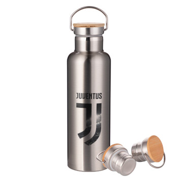 FC Juventus, Stainless steel Silver with wooden lid (bamboo), double wall, 750ml