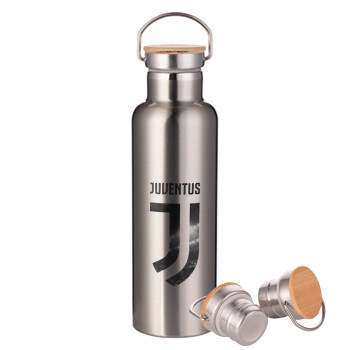 FC Juventus, Μεταλλικό παγούρι θερμός (Stainless steel) Ασημένιο με ξύλινο καπακι (bamboo), διπλού τοιχώματος, 750ml