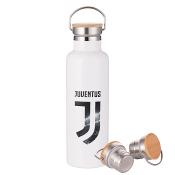 FC Juventus, Μεταλλικό παγούρι θερμός (Stainless steel) Λευκό με ξύλινο καπακι (bamboo), διπλού τοιχώματος, 750ml