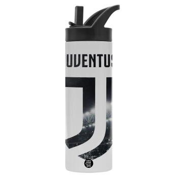 FC Juventus, Μεταλλικό παγούρι θερμός με καλαμάκι & χειρολαβή, ανοξείδωτο ατσάλι (Stainless steel 304), διπλού τοιχώματος, 600ml