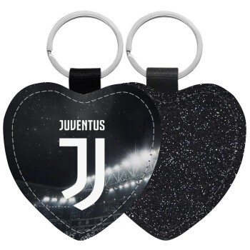 FC Juventus, Μπρελόκ PU δερμάτινο glitter καρδιά ΜΑΥΡΟ