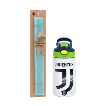 FC Juventus, Easter Set, Children's thermal stainless steel bottle with safety straw, green/blue (350ml) & aromatic flat Easter candle (30cm) (TURQUOISE)