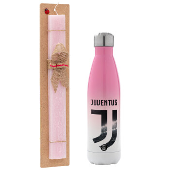 FC Juventus, Easter Set, Metallic pink/white (Stainless steel) thermos, double-walled, 500ml & aromatic flat Easter candle (30cm) (PINK)