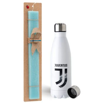 FC Juventus, Easter Set, metallic stainless steel water bottle (750ml) & aromatic flat Easter candle (30cm) (TURQUOISE)