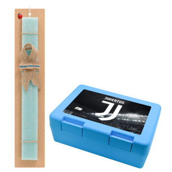 FC Juventus, Πασχαλινό Σετ, παιδικό δοχείο κολατσιού ΓΑΛΑΖΙΟ & πασχαλινή λαμπάδα αρωματική πλακέ (30cm) (ΤΙΡΚΟΥΑΖ)