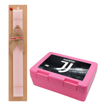 FC Juventus, Πασχαλινό Σετ, παιδικό δοχείο κολατσιού ΡΟΖ & πασχαλινή λαμπάδα αρωματική πλακέ (30cm) (ΡΟΖ)