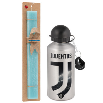 FC Juventus, Easter Set, metallic silver aluminum water bottle (500ml) & scented flat Easter candle (30cm) (TURQUOISE)